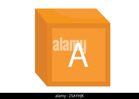 Ein orangefarbener 3D-Buchstabe Ein Block, der den ersten Schritt im Alphabet-Lernen und der frühkindlichen Erziehung symbolisiert. Stock Vektor