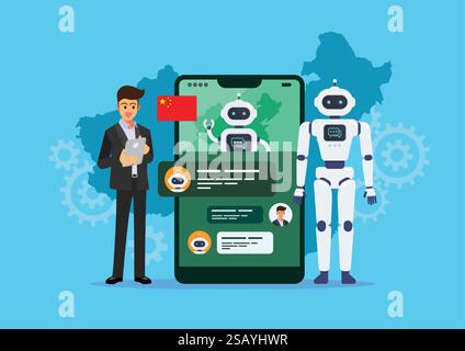 Ein chinesischer Geschäftsmann redet oder plaudert mit Chatbot. Künstliche Intelligenz. Vektorabbildung Stock Vektor