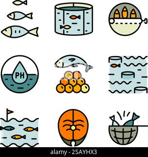 Fischzuchtsymbole gesetzt. Einfache Farbsymbole für Fischfarmen. Vektorillustration für mobiles Konzept und Webdesign. Stock Vektor