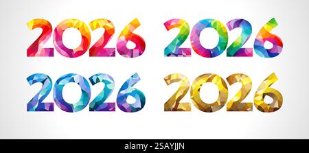 Set mit farbenfrohen Logos 2026 für Neujahrsgrüße. 3D-Vorlage mit Buntglas. Web-Symbole. Rote, grüne, blaue und goldene Farben. Zahlen 2 0 und 6 Stock Vektor