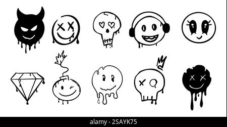Graffiti Gangster Tattoo Elemente, Farbspritzer, Spray. Herzgesicht, Schädelset. Doodle Gunge groovige Druckkrone, Kirsche, Gruselset,. Vektorabbildung Stock Vektor