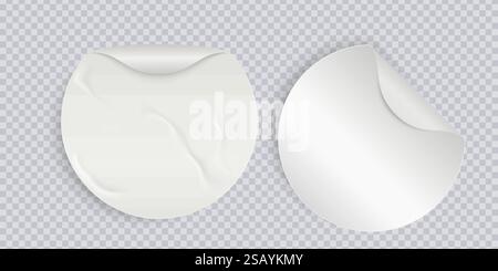 Runde weiße Klebeetiketten mit gebogenen Kanten. Selbstklebender runder Papieraufkleber mit gekrümmter Ecke auf kariertem Hintergrund. Leeres Modell für Memos, Preisschilder Stock Vektor