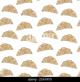 Nahtloses Vektor-Muster von farbigen Hand gezeichneten Kritzelskizze Croissant isoliert auf weißem Hintergrund Stock Vektor