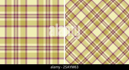 Hintergrund nahtloses Schottenmuster aus Stoff mit einem karierten Check-Textil-Vektor. In Hochzeitsfarben gehalten. Die neuesten Trends in modernen Modeschmustern für den Alltag. Hintergrund nahtloses Schottenmuster aus Stoff mit einem karierten Check-Textil-Vektor. Set in Hochzeitsfarben. Neueste Trends bei modernen Modeschmustern für den Alltag. Stock Vektor