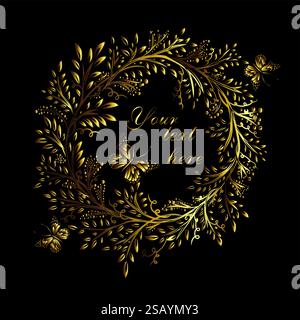 Dekorativer Rahmen. Goldener eleganter runder Rahmen. Handgezeichnet. Nicht AI, Vektorillustration Stock Vektor