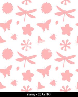 Nahtloses Vektor-Muster von rosa Hand gezeichneten Insekten und Blumen Silhouette isoliert auf weißem Hintergrund Stock Vektor