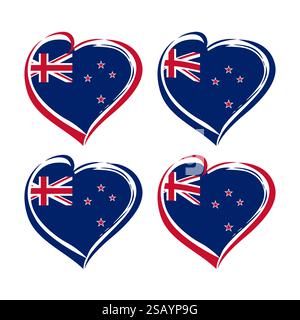 Set aus isolierten Herzen mit Hintergrundelementen der Flagge Neuseelands und Schnittmaske. Kreative Herzform. Markenidentitätskonzept, Vektorgrafik Stock Vektor