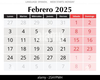 2025 Spanisch Monatskalender februar - febrero. Vektorillustrationen für den Wintermonat für Spanien Stock Vektor