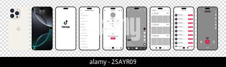 Tik Tok Design für iPhone 16 Pro. Legen Sie die Vorlage für die Benutzeroberfläche für soziale Medien und soziale Netzwerke für Tik Tok-Bildschirme fest. Homepage, Empfehlungen, Abonnements. Tik Stock Vektor