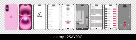 Tik Tok Design für iPhone 16. Legen Sie die Vorlage für die Benutzeroberfläche für soziale Medien und soziale Netzwerke für Tik Tok-Bildschirme fest. Homepage, Empfehlungen, Abonnements. Tik Tok Stock Vektor