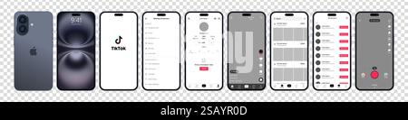 Tik Tok Design für iPhone 16. Legen Sie die Vorlage für die Benutzeroberfläche für soziale Medien und soziale Netzwerke für Tik Tok-Bildschirme fest. Homepage, Empfehlungen, Abonnements. Tik Tok Stock Vektor