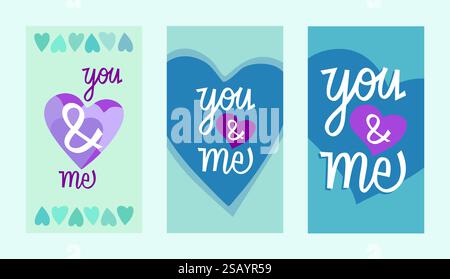 Valentinstag Liebe Illustration – du und ich in schöner handgeschriebener Typografie mit schwimmenden Herzen für Paare und romantischen Designs Stock Vektor