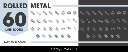 Gerollter Stahl Metall Linie Symbole Vektorsatz, der gewalzte Metall- und Stahlkomponenten, Formen und Profile für Industrie, Bau oder Ingenieure darstellt Stock Vektor