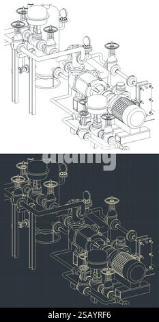 Stilisierte Vektorabbildungen eines Gaskompressor-Blueprints Stock Vektor