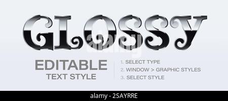 Bearbeitbarer Texteffekt in glänzendem Metallic-Design, Vorlage mit schwarzer, glänzender Platingrafik. Personalisierbare polierte Metallfarbe und Konturstil. Vektor Stock Vektor