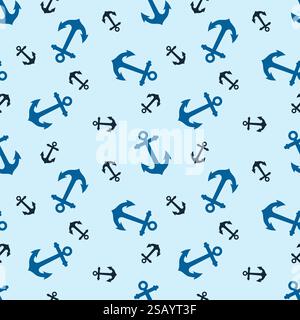 Blaues und schwarzes nahtloses Muster des Ankers auf hellblauem Hintergrund Stock Vektor