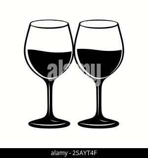 Symbol für zwei Weinbecher. Umreißen Sie Weingläser auf weißem Hintergrund. Romantisches Symbol, Vektor-Illustration Stock Vektor
