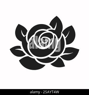 Schwarze abstrakte Silhouette aus Rose mit Blättern. Einfaches Blumendesign für Logo- und Stoffmuster Stock Vektor