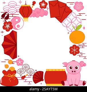 Chinesisches Neujahr des Schweins 2031 Vektorgrafik-Linie quadratischer Rahmen, Neujahrshintergrundmaterial. Rosafarbenes Schwein, transparenter Hintergrund Stock Vektor