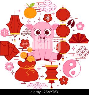 CNY Pig 2031 kreisrunde Kompositionsvektor typographische Illustration der traditionellen Elemente des chinesischen Neujahrs. Grafische Vektorlinie auf tr Stock Vektor