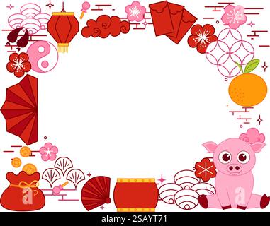 Chinesisches Neujahrsschwein 2031. Lunar Laterne Festival Banner mit ovalem Platz für Showprodukte. Grußkarte. China-Rahmen mit Laterne-Vektor-Grafiklinie Stock Vektor