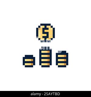 Goldenes Münzlogo. Dollarzeichen auf Münze. 8-Bit-Münzsymbol. Münze in Pixel 16 Bit Stil 80s Stock Vektor