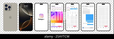 Instagram Mockup in grauem iPhone 16 Pro. Legen Sie die Vorlage für die Benutzeroberfläche für soziale Medien und soziale Netzwerke fest. Benutzertaste für Stories, Symbol, Logo. Geschichten Stock Vektor