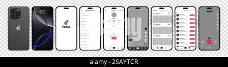 Tik Tok Design für iPhone 16 Pro. Legen Sie die Vorlage für die Benutzeroberfläche für soziale Medien und soziale Netzwerke für Tik Tok-Bildschirme fest. Homepage, Empfehlungen, Abonnements. Tik Stock Vektor