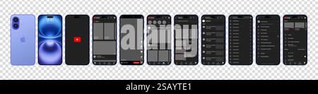 YouTube-Design auf dem iPhone 16. Legen Sie die Vorlage für die Benutzeroberfläche für soziale Medien und soziale Netzwerke auf Youtube-Bildschirmen fest. Homepage, Empfehlungen, Abonnements. Youtube Stock Vektor
