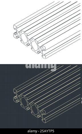 Stilisierte Vektordarstellungen isometrischer Baupläne von Aluminiumprofilen Stock Vektor
