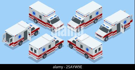 Ambulanzwagen. Ein medizinischer Notdienst, der Notfallversorgung für Menschen mit akuten medizinischen Problemen. Seitenansicht, oben, Dach, hinten, vorn Stock Vektor
