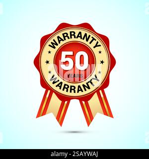 Werbung 50 Jahre Garantie Gold- und rotes Farbemblem, für Etikett, Icon, Logo, Abzeichen, Symbol, Taste Stock Vektor