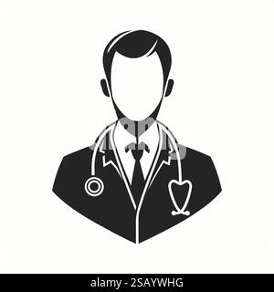 Männliche Ärztin-Ikone mit Stethoskop. Professionelle Heilpraktiker und medizinisches Personal schwarz-weiße Vektor-Illustration Stock Vektor
