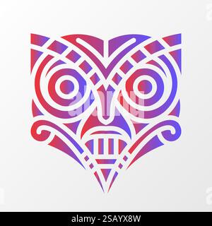 Eine auffällige geometrische Illustration einer von Eulen inspirierten Maske mit komplizierten Stammesmustern mit rotem und blauem Farbverlauf auf weißem Hintergrund. Farbenfroh Stock Vektor