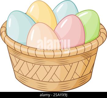Zeichentrickkorb mit ostereiern im Doodle-Stil. Happy easter Hand gezeichneter Cartoon trendiger flacher Stil isolierte Ikone. Geschenk für Frühlingsferien. Osterkorb Vektor-Illustration Stock Vektor