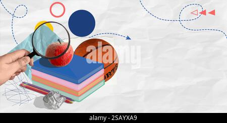 Kreative Collage mit einer Hand mit einer Lupe über Büchern und einem Apfel, Vektor-Illustration Stock Vektor