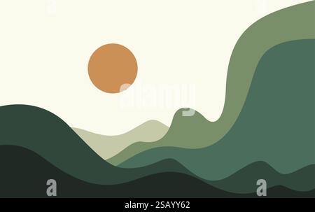 Abstrakter Berg Mit Sonne Vektor Illustration. Papercut Querformat Stock Vektor
