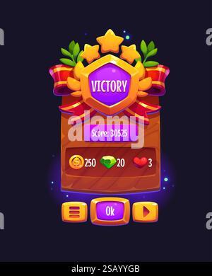 Rahmen, Banner oder Popup-Menü-Fenster für Siegesspiele. Schnittstelle für Vektor-Auszeichnungen mit goldenen Sternen, Assets, Bändern. Bonu zur Belohnung für die feierliche Leistung des Gewinners Stock Vektor