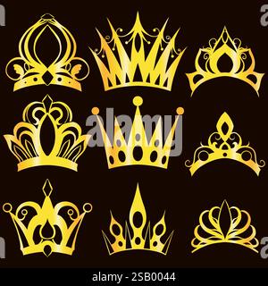 Vektorsatz der goldenen Silhouette von Kronen und Diadem auf dunklem Hintergrund. Reichhaltige Sammlung von mittelalterlichen Metallkranzen und Kronen von Königen und Königinnen. Stock Vektor