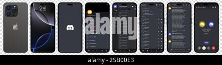 Discord-Display im dunklen iPhone 16 Pro. Trennen Sie die mobile Anwendung von Microsoft Corporation auf einem Smartphone. Vorlage für Social Network Mockup auf iso festlegen Stock Vektor