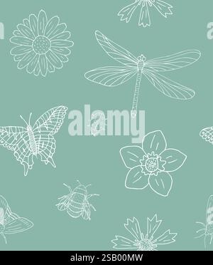 Nahtloses Vektor-Muster von weißen Hand gezeichneten Kritzelskizzen Insekten und Blumen isoliert auf minztem Hintergrund Stock Vektor