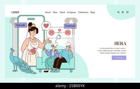 Olympic Gods Synergy KI-Konzept. Hera moderiert eine Familientherapie mit Hilfe von Technologie. Alte Mythologie trifft auf moderne digitale Lösungen. Vektorabbildung. Stock Vektor