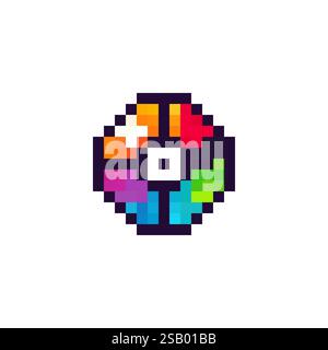 Logo der Computerfarbe. Spiel-Diskette. Symbol für 8-Bit-Festplatte. Speicherplatte im 16-Bit-Pixel-Stil 80s. Stock Vektor
