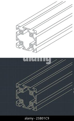 Stilisierte Vektordarstellungen isometrischer Baupläne von Aluminiumprofilen Stock Vektor