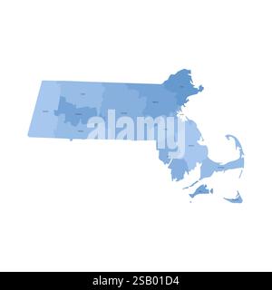Massachusetts, MA – detaillierte politische Karte des US-Bundesstaates. Administrative Karte unterteilt in Bezirke. Blaue Karte mit Kreisnamen. Vektorabbildung Stock Vektor