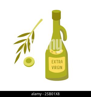 Olivenöl in Glasflasche und Olivenzweig mit Blättern. Traditionelle mediterrane Küche. Essen und Tourismus. Isolierte Vektorillustration auf weiß Stock Vektor