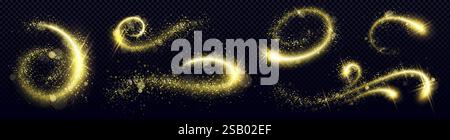 Goldenes Glitzerwirbel mit funkelnden Pfaden - leuchtend geschwungene Pfade mit magischen Sternenstaubpartikeln und hellen Glitzern auf dunklem Hintergrund. Festliche Dekoration oder Fantasy-Design. Stock Vektor