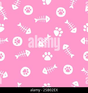 Vektor Hand gezeichnetes nahtloses Muster. Skelett- und Pfotenabdrücke der weißen Fische in chaotischer Reihenfolge auf weißem Hintergrund Stock Vektor