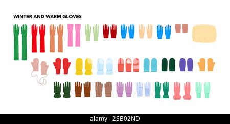 Set von Handschuhen - Winter und warme Mode mit Namen Hand Accessoire Kleidung technische Illustration Kleidung. Vektor für Männer, Frauen, Unisex flache Vorlage CAD-Zeichentrickstil isoliert auf weißem Hintergrund Stock Vektor