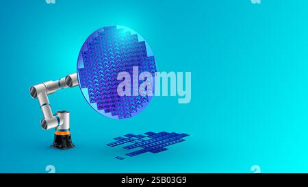 Roboterarm halten Halbleiter oder Siliziumscheiben in Elektronikfabriken. Halbleiterchips auf Kreiswafern aus Silizium. Industrieller Technologieprozess Stock Vektor